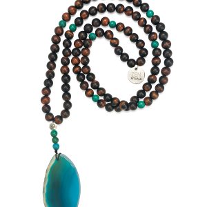 8mm Tiger’s Eye Divisional Mala – 108 Beads Handmade Meditation Necklace with Chrysocolla Dividers & Agate Slice Pendant