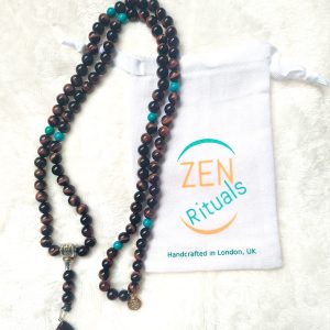 Premium Divisional Mala Beads Necklace – Authentic 108 Bead Japa Mala – Tiger’s Eye, Chrysocolla Phoenix Stone & Celtic Knot Pendant