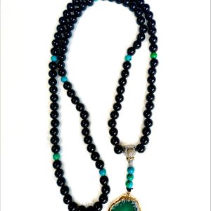 Premium Divisional Mala Beads Necklace – Authentic 108 Bead Japa Mala – Black Obsidian, Chrysocolla Phoenix Stone & Raw Agate Slice