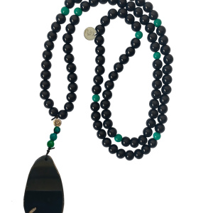 Premium Divisional Mala Beads Necklace – Authentic 108 Bead Japa Mala – Black Obsidian, Chrysocolla Phoenix Stone & Raw Agate Slice Pendant – Handcrafted in London