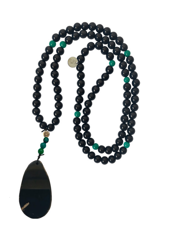 Premium Divisional Mala Beads Necklace – Authentic 108 Bead Japa Mala – Black Obsidian, Chrysocolla Phoenix Stone & Raw Agate Slice Pendant – Handcrafted in London
